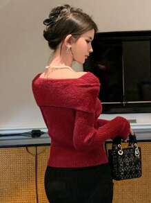 DAZY Damen eleganter einfarbiger Pullover mit asymmetrischem Kragen, Schleife und schlanker Passform, Herbstkleidung, Neujahr