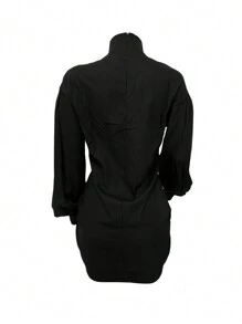 1543 Women European & American Style Stand Collar Loose Solid Color Lantern Sleeve Shirt Dress - 黑色 - 查看 2