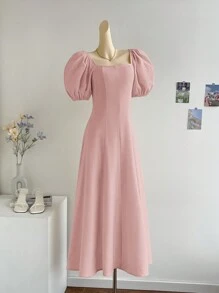 Firerie Đầm nữ cổ vuông tay ngắn màu trơn - Hồng - Xem 5