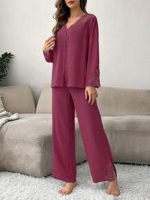 Women Lace Trim Buttoned Front Sleepwear Set With Shoulder And Sleeve Panel - Burgundy - View 3