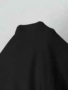 FavEase 女士纯色圆领长袖褶饰简约休闲郁金香下摆短款连衣裙 - 黑色 - 查看 6