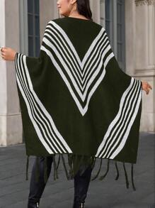 Calvaya Plus Size Women Striped Color Block Tassel Hem Pullover Sweater, Autumn/Winter