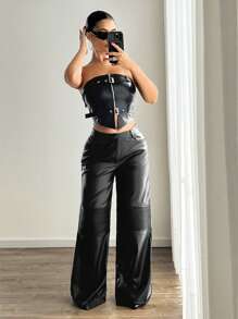 SHEIN ICON Quần ống rộng cạp thấp phong cách đường phố Châu Âu & Mỹ Quần da PU - màu đen - Xem 6