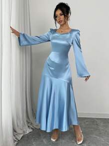 Elenzga Elegant Long Dress With Ruched Neck And Fishtail Hem Maxi Satin Women Outfit