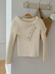 DAZY 1 Stück Damen Design Oversized Kragen asymmetrischer Knopfdekor Pullover, Herbstmode für Frauen - Beige - Übersicht 5