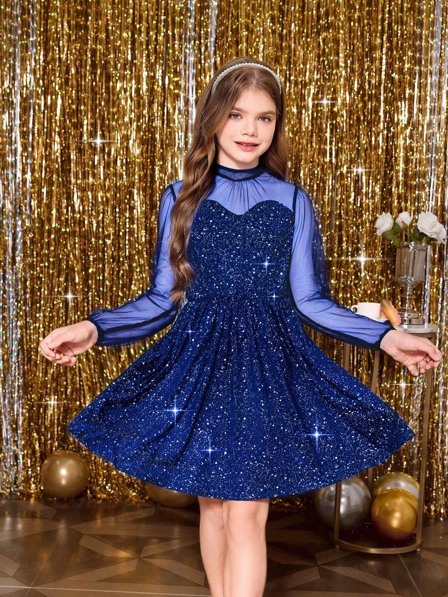 SHEIN Tween Girl Elegant Mesh Long Sleeve Dress, Shiny Fabric, Suitable For Dances, Parties, Christmas Events