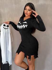 VaVaBold New Halloween Pumpkin & Big Teeth Pattern Orange Sexy Hollow Out Fringed Hooded Women Sweater Dress - Black - View 3