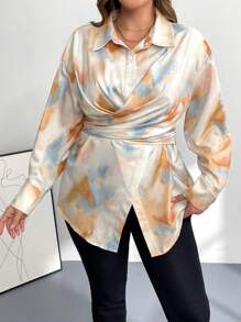 SHEIN Essnce 大码女装秋冬时尚优雅舒适扎染印花黄色长袖腰纽扣衬衫、女式衬衫、秋季女装、办公室服装、工作服、曲线上衣、商务休闲、派对女士 - 黃色 - 查看 4