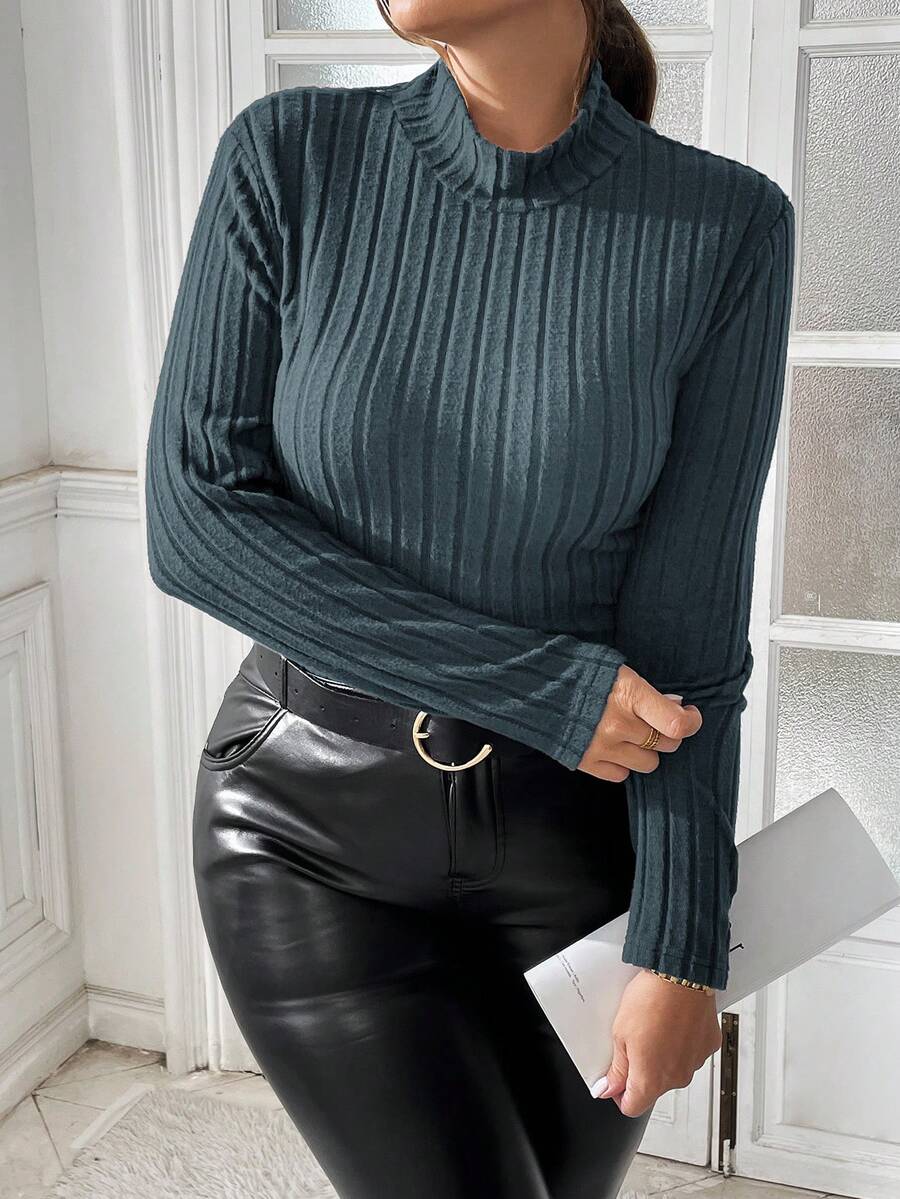 SHEIN Essnce 大码女装秋季女装机场女装冬季新款时尚休闲通勤拉绒保暖薄绒百搭基础纯色棕色内搭打底衫外穿收腰修身高领 T 恤上衣长袖女式上衣秋季女式上衣棕色长袖 T 恤高领 T 恤 - 霧霾藍 - 查看 1