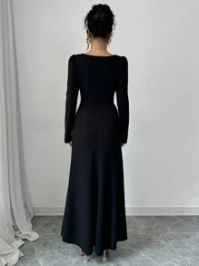 Modelyn 女士优雅针织方领修身刺绣紧身长袖连衣裙超长女士装长款晚礼服 - 黑色 - 查看 2