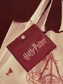 HARRY POTTER X SHEIN 1 Túi mua sắm gấp gọn, tái sử dụng, họa tiết hình học và chữ cái, viền tương phản, thích hợp làm quà tặng, đi học. - Màu be - Xem 3