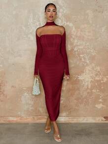 SHEIN BAE Váy dài tay không dây xương cá màu trắng, váy thanh lịch cho phụ nữ vào mùa thu - Màu Đỏ Sâu - Xem 5