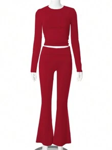 INAWLY Solva 2pcs Women Solid Color Crew Neck Long Sleeve Top And Pants Casual Set