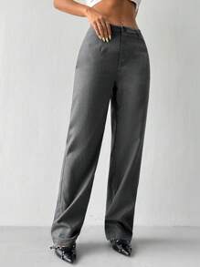 Flirla Pantalones rectos de oficina/trabajo con bolsillos oblicuos de estilo casual para mujer