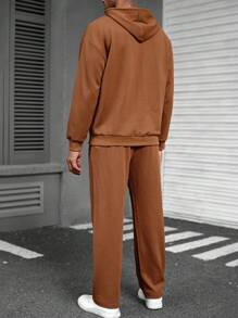 Manfinity Homme 2pcs Men Solid Color Applique Hooded Sweatshirt With Kangaroo Pocket & Drawstring Sweatpants Casual Suit