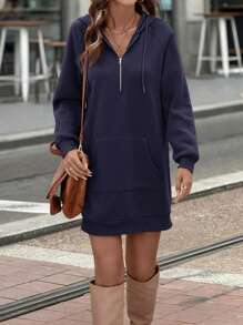 SHEIN LUNE Women Casual Zip Up Hooded Long Sleeve Pocket Sweatshirt Dress In Fall/Winter
