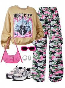 SHEIN Explorewe 2 件套 Tween Girl 迷彩裤和吉他字母印花运动衫套装 - 彩色 - 查看 9