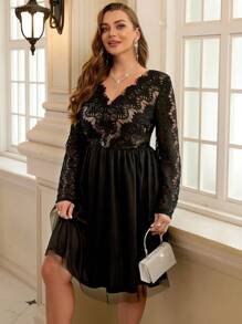 SHEIN Clasi 大码黑色蕾丝撞色网眼及膝连衣裙，适合日常穿着，秋季 - 黑色 - 查看 5