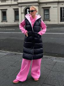 EURMUSE BLACK WINTER WOMEN COAT WITH PINK LINEN DETAIL - Black - View 5