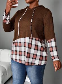 SHEIN LUNE Plus Size Plaid Patchwork Drawstring Hoodie T-Shirt, Casual Autumn - Brown - View 5