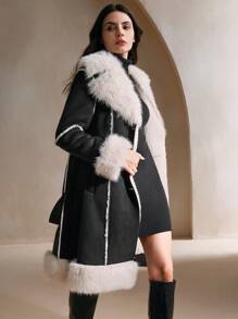 Anewsta 女式加厚长毛蓬松装饰蓬松保暖束腰夹克 - 黑色 - 查看 4