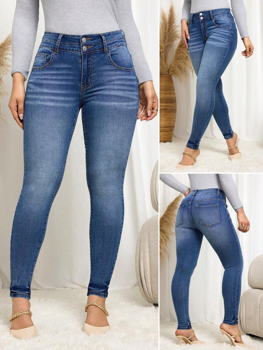 SHEIN Essnce Casual Washed Skinny Jeans, Autumn/Winter - Medium Wash - View 1