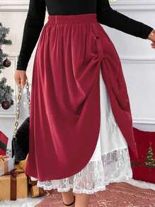 SHEIN Clasi 女款純色拼接百褶極簡風裙，休閒日常穿著 - 紅色 - 查看 3
