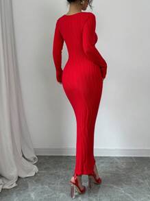 Chiquease 女士优雅修身露肩蝴蝶结装饰针织连衣裙 - 紅色 - 查看 2