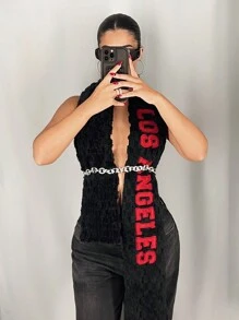 SHEIN ICON 1 件女式毛绒挂脖链系带修身吊带背心 - 黑色 - 查看 4