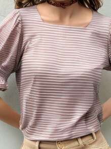 INAWLY 女士条纹方领泡泡袖休闲 T 恤 - 彩色 - 查看 3