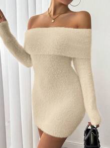 Chiquease 1 件休闲纯色露肩修身迷你毛衣连衣裙，秋冬 - 杏色 - 查看 5
