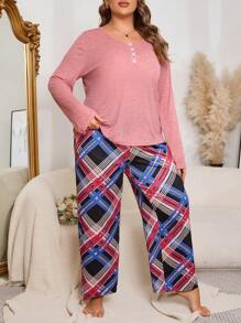 大码彩色格子露趾针织长袖睡衣套装 - 彩色 - 查看 6