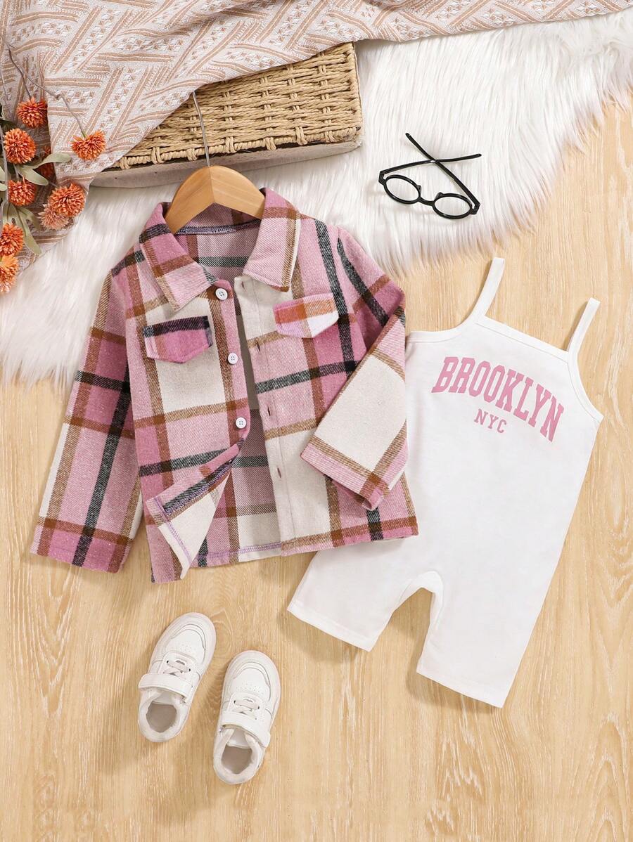 Áo khoác kẻ caro thời trang cho bé gái kèm quần yếm thường ngày, trang phục đơn giản cho - Hồng - Xem 1