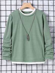 SHEIN 青少年男孩休闲拼色 2 合 1 T 恤，秋季 - 綠色 - 查看 1