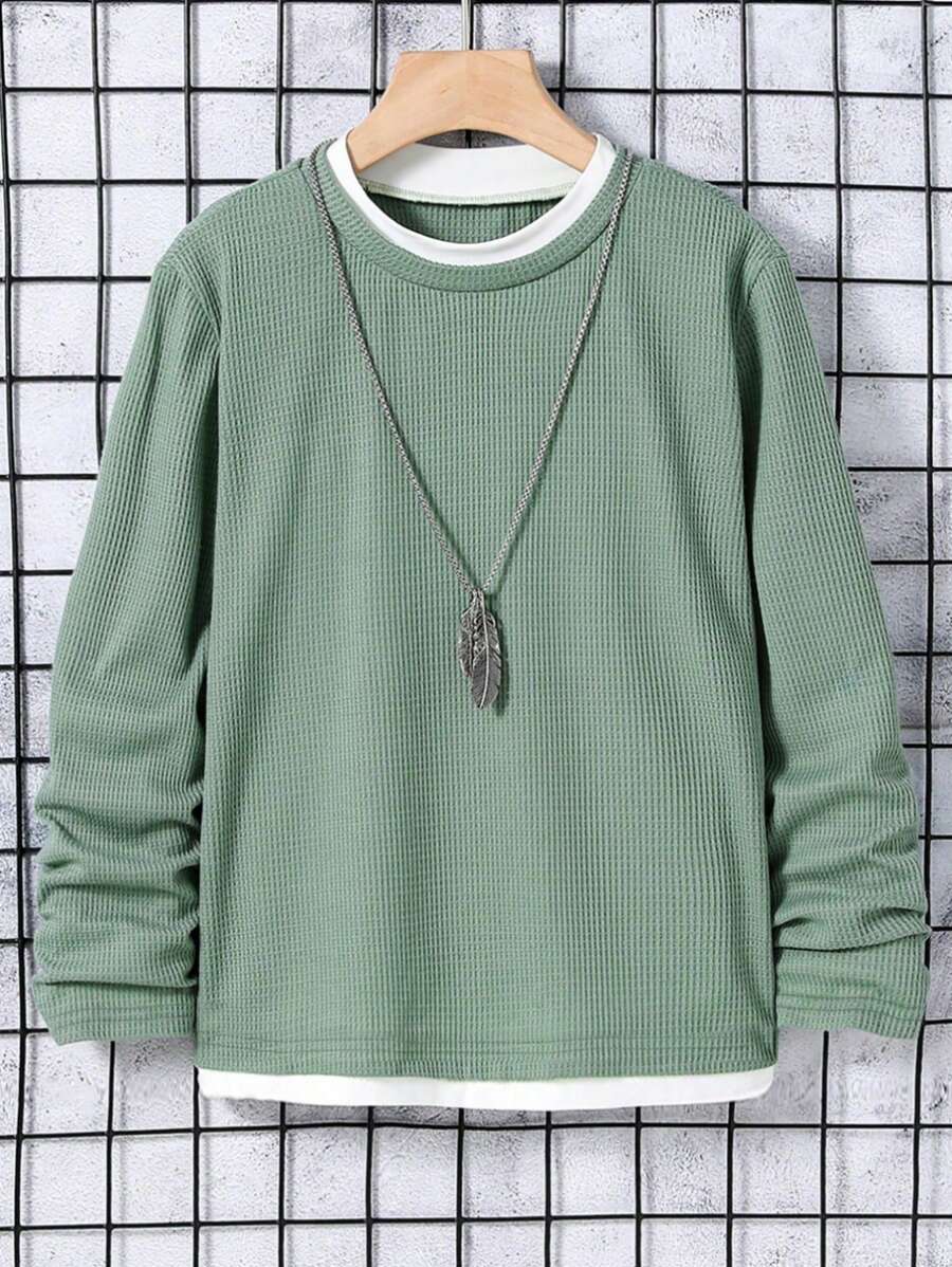 SHEIN 青少年男孩休闲拼色 2 合 1 T 恤，秋季 - 綠色 - 查看 1