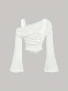 SHEIN MOD Áo thun tay dài hở vai lưới 2 trong 1 màu mơ dành cho nữ, phong cách phương Tây, cổ điển, thập niên 70, tiệc độc thân - trắng - Xem 2