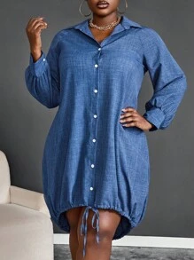 Maweii 1 chiếc váy maxi dài tay dài giản dị màu trơn cỡ lớn cài nút phía trước ngắn phía sau trang phục dành cho nữ - Màu xanh lam - Xem 3