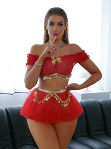 Set de 3 piezas lencería sexy con hombros descubiertos y volantes