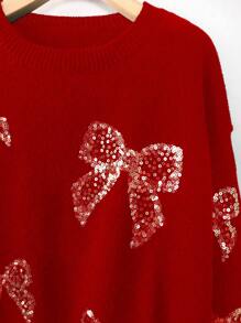 SHEIN Clasi Jersey holgado de talla grande elegante con decoración de moño y bordado de perlas, color rojo, para el invierno