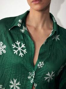 Maija 2pcs Women Green Button Front Snowy Print Long Sleeve Top And Pants Christmas Pajama Set, Casual Design, Autumn/Winter