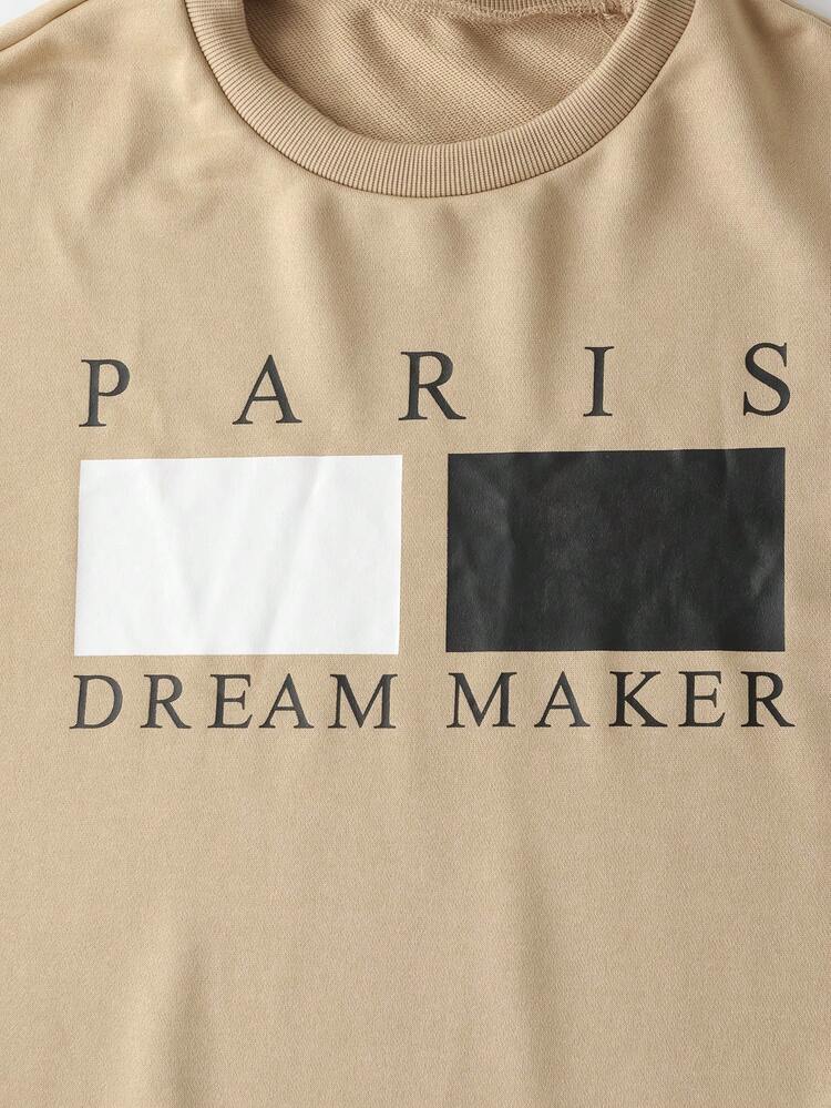 SHEIN Explorewe 青少年男孩巴黎字母印花圆领运动衫和运动裤休闲套装， - 卡其色 - 查看 7