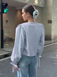 INAWLY 女式休闲条纹纽扣灯笼袖衬衫，前系带，适合秋季日常穿着 - 淺藍色 - 查看 2