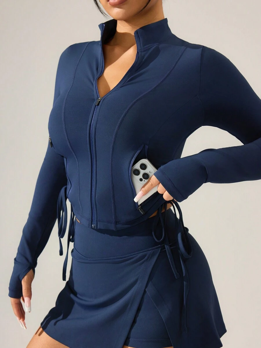 SHEIN Sports Solid Color Stand Collar Zip-Up Pockets Slim Fit Long Sleeve Athletic Jacket