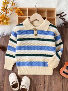 SHEIN 1pc Young Boy Casual Rainbow Striped Lapel Loose Knit Sweater, Suitable For Street, Home, Outing, Party, Back To School, Spring, Summer, Autumn