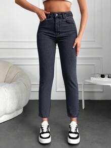 EURMUSE Casual High Waist Mom Fit Jeans - Dark Grey - View 3