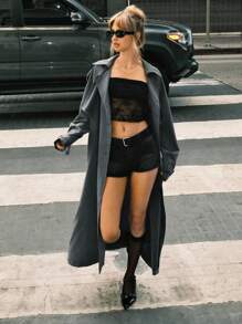 SHEIN EZwear Casual Notched Lapel Double Breasted Belted Trench Coat, Autumn - Dark Grey - View 5