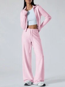 LYSMO Conjunto casual de 2 piezas de mujer compuesto por un cárdigan de manga larga con cremallera de unicolor y pantalones largos de punto, para otoño/invierno