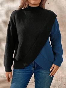 SHEIN LUNE Plus Size Contrast Color Crisscross Wrap High Neck Casual Pullover Sweater, For Winter Knit Pullover Fall - Navy Blue - View 3