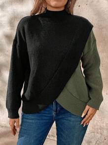 SHEIN LUNE 大码圆领撞色长袖休闲套头毛衣针织衫秋冬款 - 軍綠色 - 查看 8