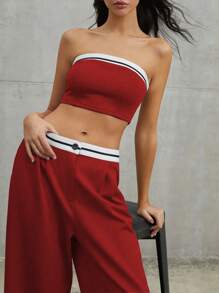 Chiquease 女士条纹印花抹胸上衣和裤子 2 件套休闲套装新年服装 - 紅色 - 查看 4